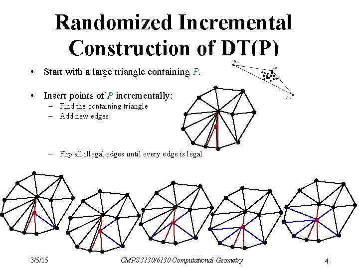 Randomized Incremental Construction of DT(P) • Start with a large triangle containing P. •