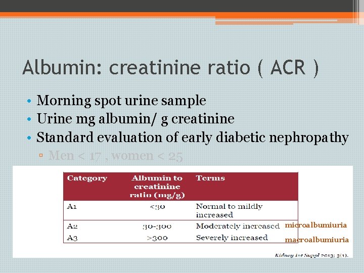 Albumin: creatinine ratio ( ACR ) • Morning spot urine sample • Urine mg
