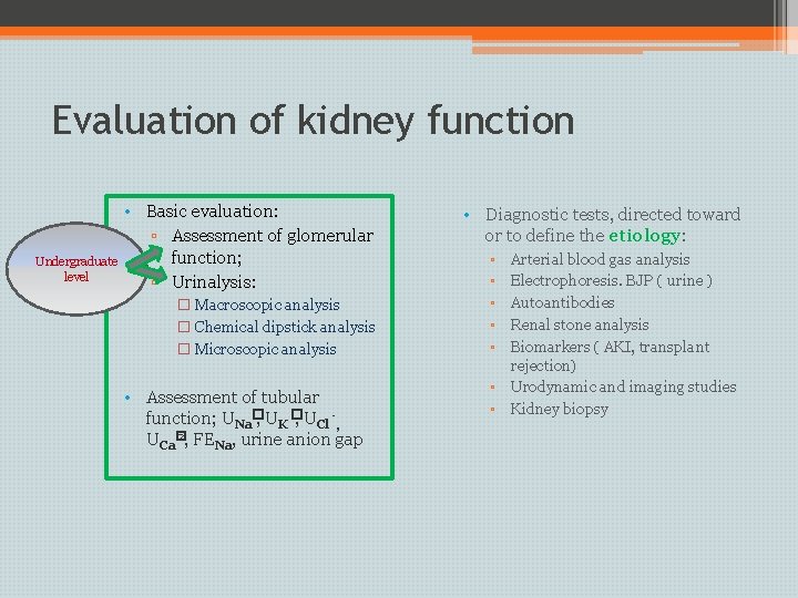 Evaluation of kidney function Undergraduate level • Basic evaluation: ▫ Assessment of glomerular function;