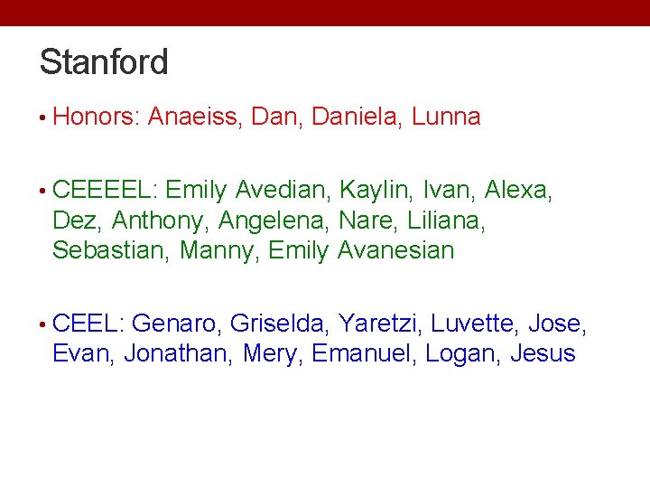 Stanford • Honors: Anaeiss, Daniela, Lunna • CEEEEL: Emily Avedian, Kaylin, Ivan, Alexa, Dez, Stanford • Honors: Anaeiss, Daniela, Lunna • CEEEEL: Emily Avedian, Kaylin, Ivan, Alexa, Dez,
