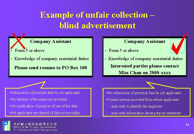 Example of unfair collection – blind advertisement Company Assistant - Form 5 or above