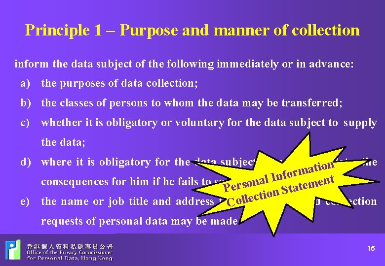 Principle 1 – Purpose and manner of collection inform the data subject of the