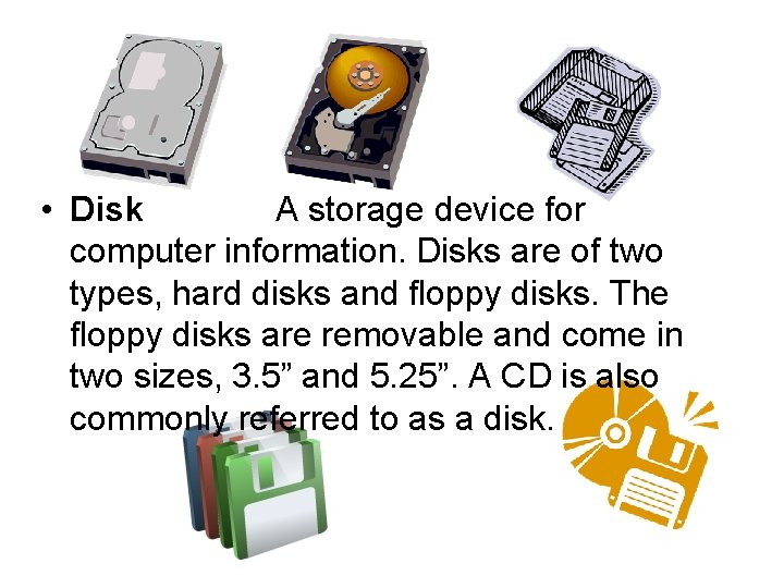  • Disk A storage device for computer information. Disks are of two types,