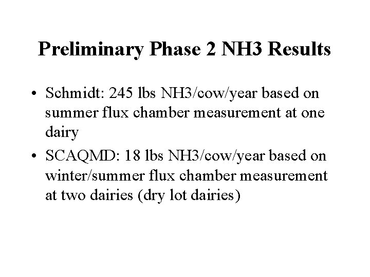Preliminary Phase 2 NH 3 Results • Schmidt: 245 lbs NH 3/cow/year based on