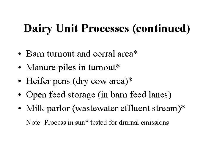 Dairy Unit Processes (continued) • • • Barn turnout and corral area* Manure piles