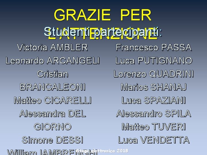 GRAZIE PER Studenti partecipanti: L’ATTENZIONE Victoria AMBLER Leonardo ARCANGELI Cristian BRANCALEONI Matteo CICARELLI Alessandra