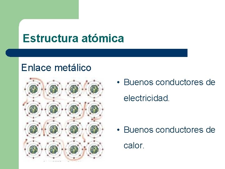 Estructura atómica Enlace metálico • Buenos conductores de electricidad. • Buenos conductores de calor.