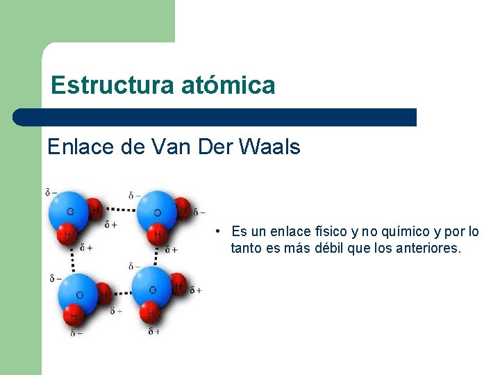 Estructura atómica Enlace de Van Der Waals • Es un enlace físico y no