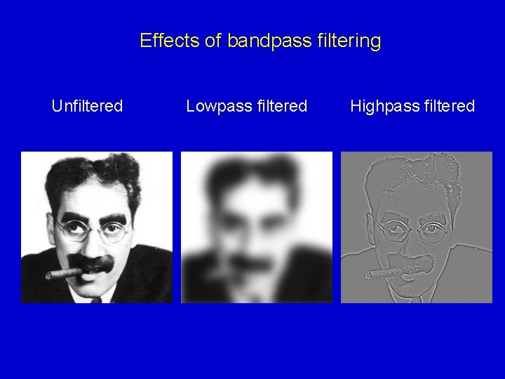 Effects of bandpass filtering Unfiltered Lowpass filtered Highpass filtered 