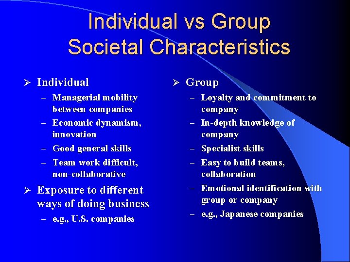 Individual vs Group Societal Characteristics Ø Individual – Managerial mobility between companies – Economic