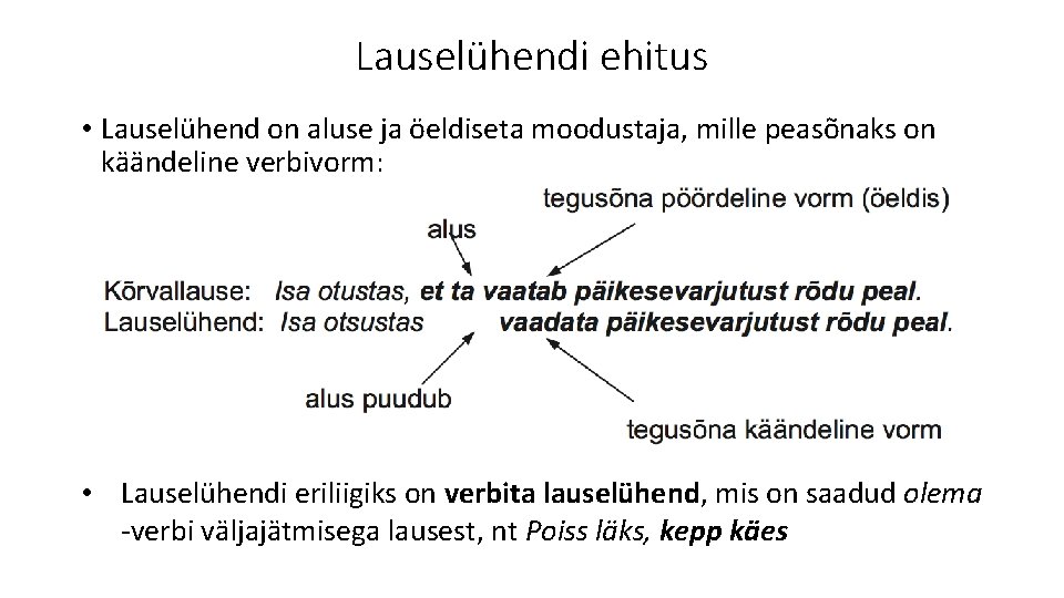 Lauselühendi ehitus • Lauselühend on aluse ja öeldiseta moodustaja, mille peasõnaks on käändeline verbivorm: