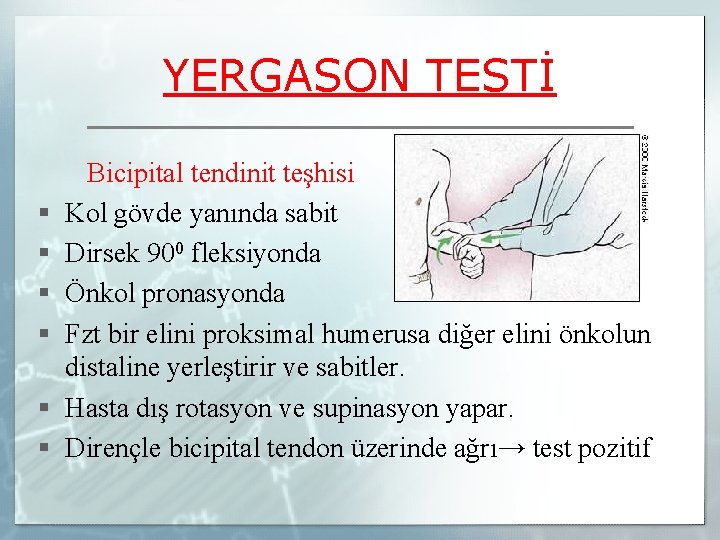 YERGASON TESTİ § § § Bicipital tendinit teşhisi Kol gövde yanında sabit Dirsek 900