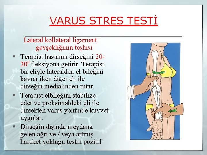VARUS STRES TESTİ Lateral kollateral ligament gevşekliğinin teşhisi § Terapist hastanın dirseğini 20300 fleksiyona