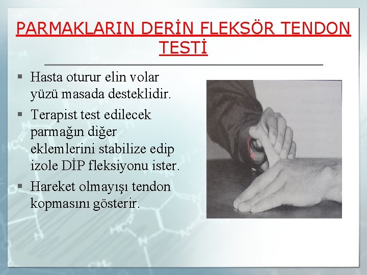 PARMAKLARIN DERİN FLEKSÖR TENDON TESTİ § Hasta oturur elin volar yüzü masada desteklidir. §