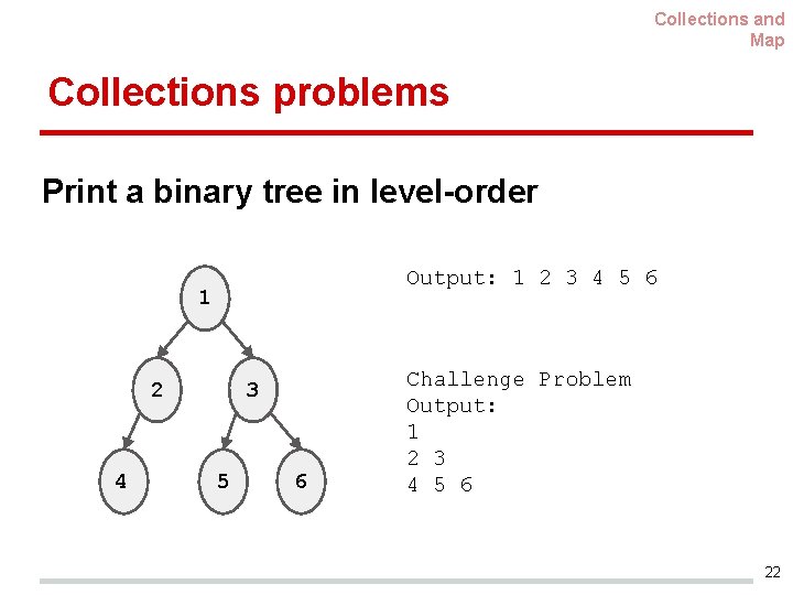Collections and Map Collections problems Print a binary tree in level-order Output: 1 2
