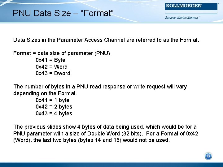 PNU Data Size – “Format” Data Sizes in the Parameter Access Channel are referred