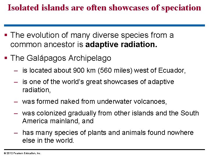 Isolated islands are often showcases of speciation § The evolution of many diverse species