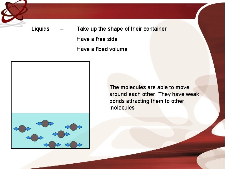 Liquids – Take up the shape of their container Have a free side Have