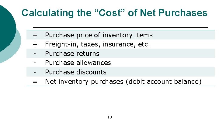 Calculating the “Cost” of Net Purchases + + = Purchase price of inventory items