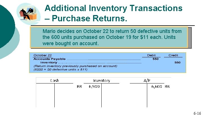 Additional Inventory Transactions – Purchase Returns. Mario decides on October 22 to return 50