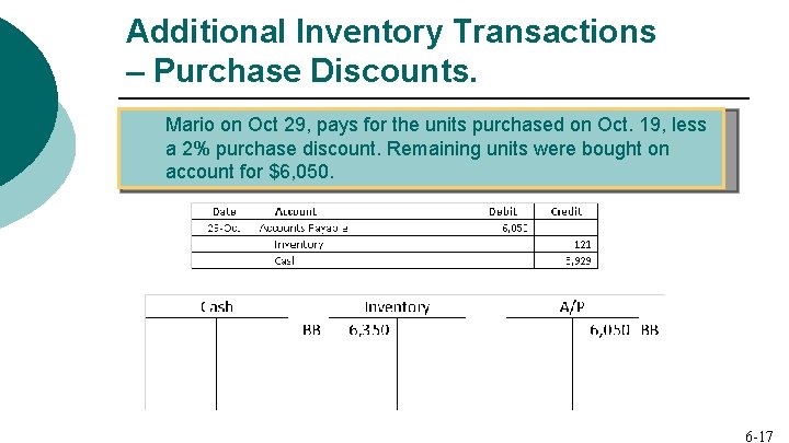 Additional Inventory Transactions – Purchase Discounts. Mario on Oct 29, pays for the units