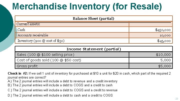 Merchandise Inventory (for Resale) Balance Sheet (partial) Current assets: Cash $450, 000 Accounts receivable