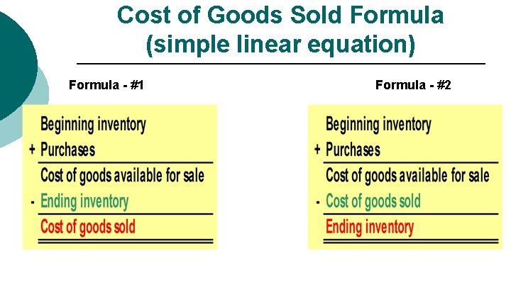 Cost of Goods Sold Formula (simple linear equation) Formula - #1 Formula - #2