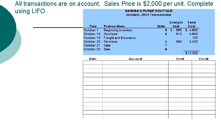 All transactions are on account. Sales Price is $2, 000 per unit. Complete using