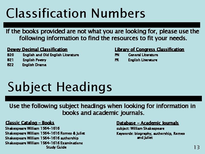 Classification Numbers If the books provided are not what you are looking for, please