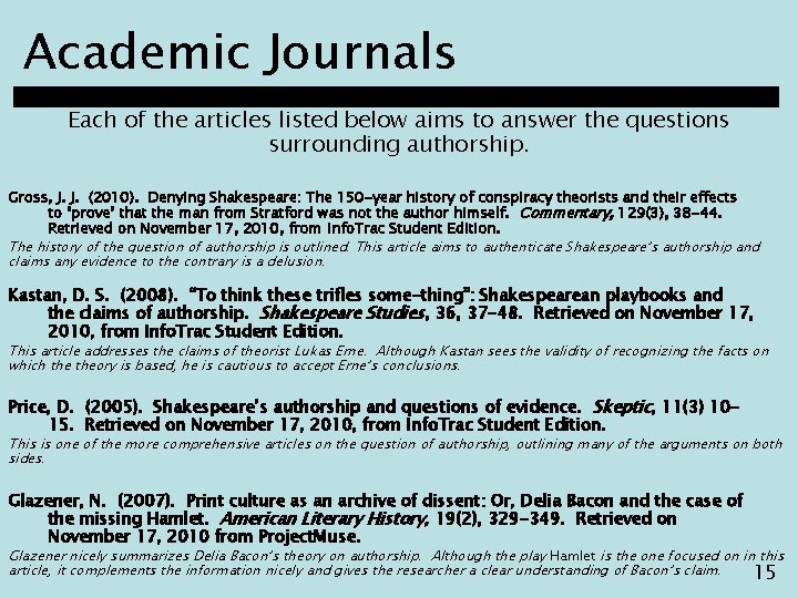 Academic Journals Each of the articles listed below aims to answer the questions surrounding
