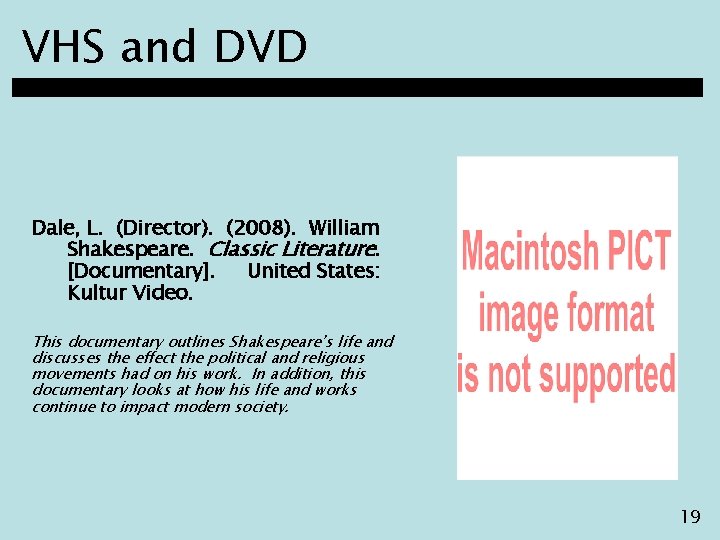 VHS and DVD Dale, L. (Director). (2008). William Shakespeare. Classic Literature. [Documentary]. United States: