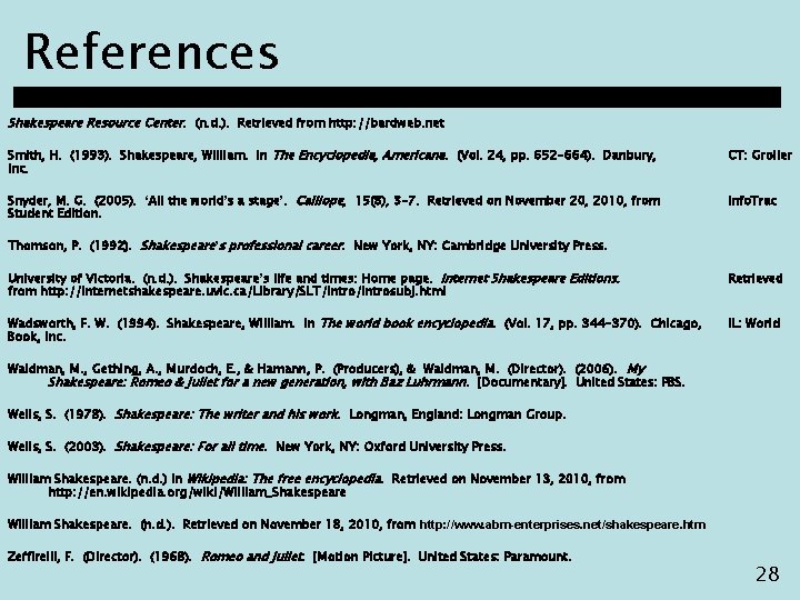 References Shakespeare Resource Center. (n. d. ). Retrieved from http: //bardweb. net Smith, H.