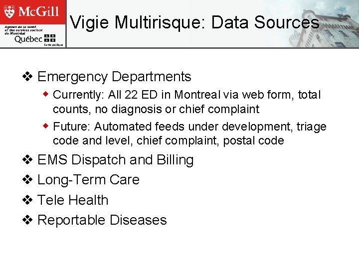 Vigie Multirisque: Data Sources v Emergency Departments w Currently: All 22 ED in Montreal