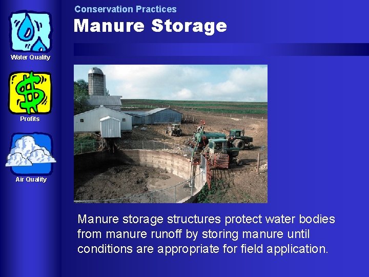 Conservation Practices Manure Storage Water Quality Profits Air Quality Manure storage structures protect water