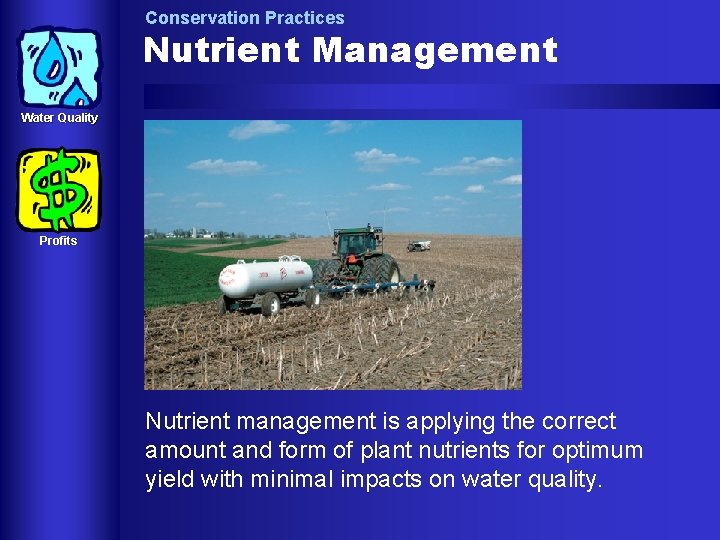 Conservation Practices Nutrient Management Water Quality Profits Nutrient management is applying the correct amount
