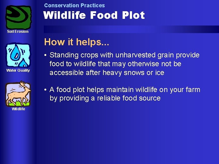 Conservation Practices Wildlife Food Plot Soil Erosion How it helps. . . Water Quality