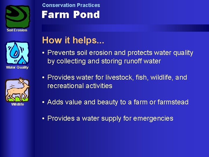 Conservation Practices Farm Pond Soil Erosion How it helps. . . • Prevents soil