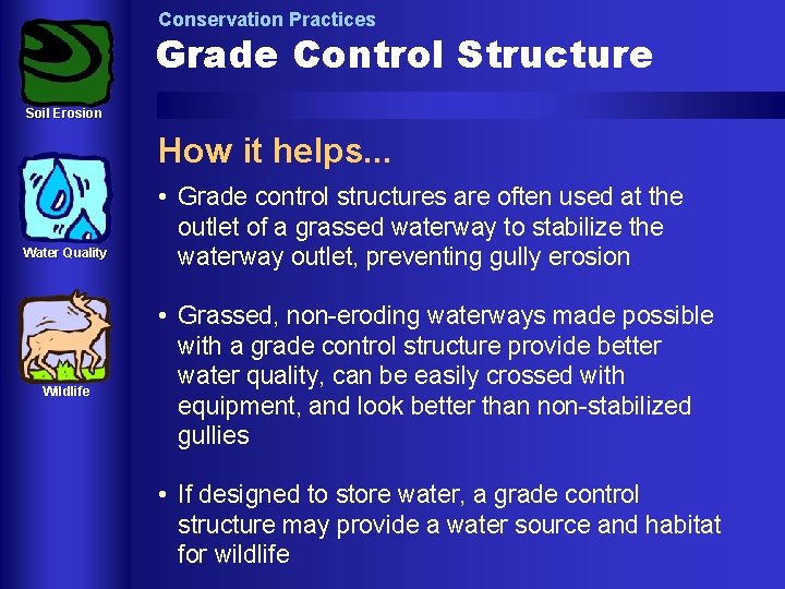 Conservation Practices Grade Control Structure Soil Erosion How it helps. . . Water Quality