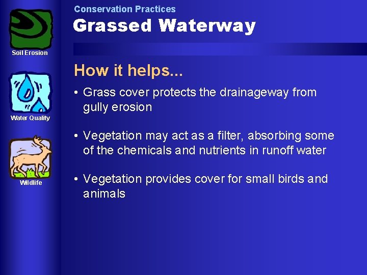 Conservation Practices Grassed Waterway Soil Erosion How it helps. . . • Grass cover