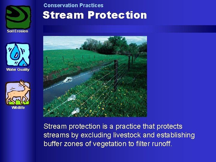 Conservation Practices Stream Protection Soil Erosion Water Quality Wildlife Stream protection is a practice