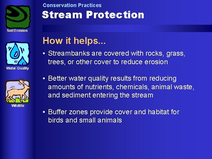 Conservation Practices Stream Protection Soil Erosion How it helps. . . • Streambanks are