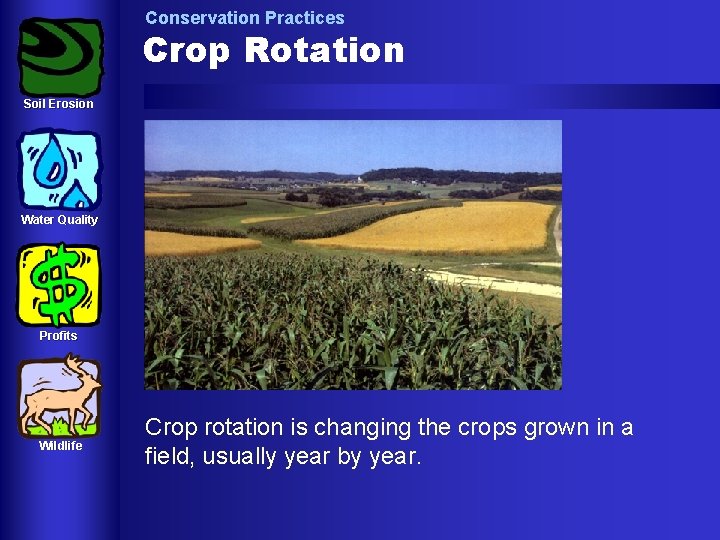 Conservation Practices Crop Rotation Soil Erosion Water Quality Profits Wildlife Crop rotation is changing