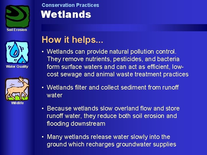 Conservation Practices Wetlands Soil Erosion How it helps. . . Water Quality • Wetlands