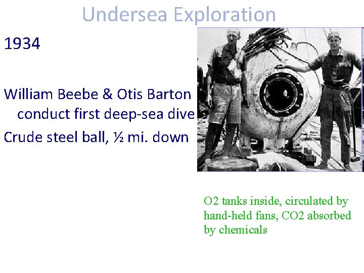 Undersea Exploration 1934 William Beebe & Otis Barton conduct first deep-sea dive Crude steel