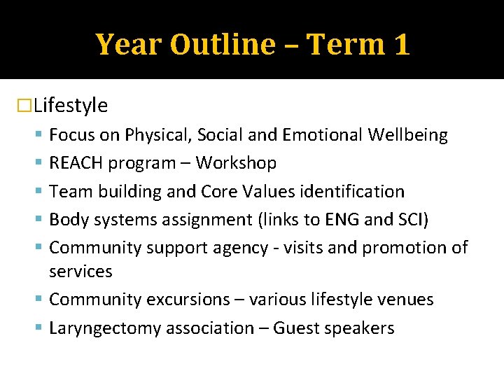 Year Outline – Term 1 �Lifestyle Focus on Physical, Social and Emotional Wellbeing REACH