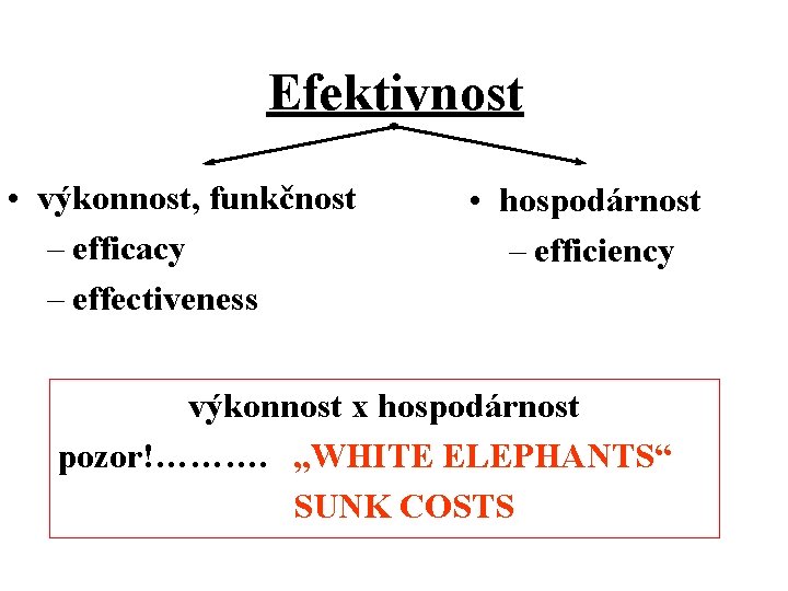 Efektivnost • výkonnost, funkčnost – efficacy – effectiveness • hospodárnost – efficiency výkonnost x