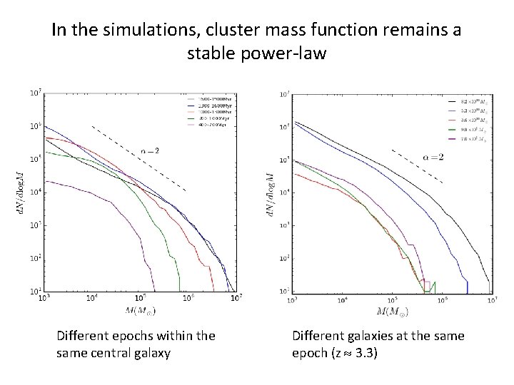 In the simulations, cluster mass function remains a stable power-law Different epochs within the
