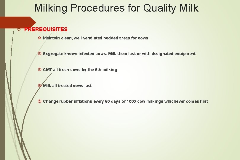 Milking Procedures for Quality Milk PREREQUISITES ¶ Maintain clean, well ventilated bedded areas for