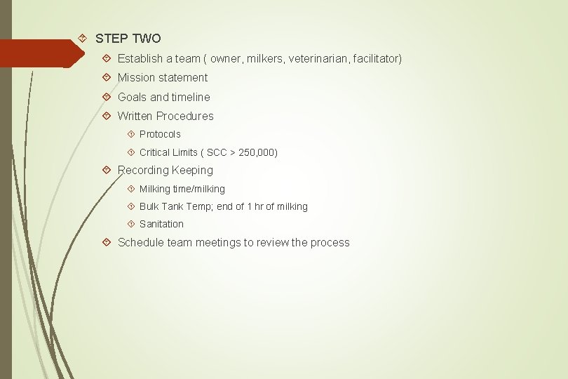  STEP TWO Establish a team ( owner, milkers, veterinarian, facilitator) Mission statement Goals