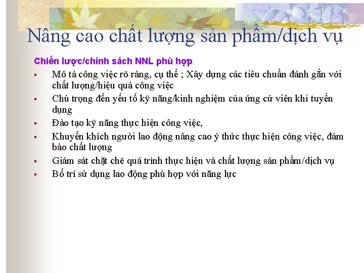 Nâng cao chất lượng sản phẩm/dịch vụ Chiến lược/chính sách NNL phù hợp §